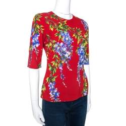Pre Owned Dolce & Gabbana Red Wisteria Floral Print Crepe Blouse S