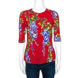Pre Owned Dolce & Gabbana Red Wisteria Floral Print Crepe Blouse S