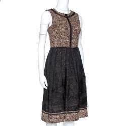 Pre Owned D&G Black and Brown Tweed Silk Overlay Flared Dress XS