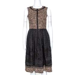 Pre Owned D&G Black and Brown Tweed Silk Overlay Flared Dress XS