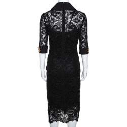 Pre Owned Dolce & Gabbana Black Floral Lace Leaf Button Embellished Dress M