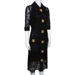Pre Owned Dolce & Gabbana Black Floral Lace Leaf Button Embellished Dress M