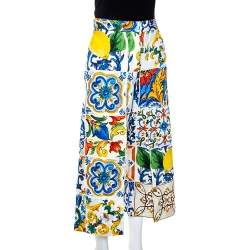 Pre Owned Dolce & Gabbana Multicolor Textured Cotton Majolica Print Cropped Trousers S 