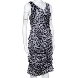 Pre Owned Dolce & Gabbana Grey Animal Print Silk Ruched Sleeveless Dress M