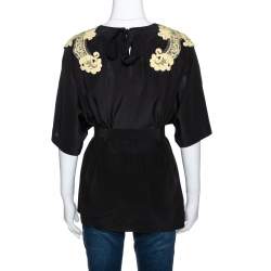 Pre Owned Dolce & Gabbana Black Silk Lace Applique Detail Short Sleeve Top M
