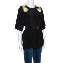 Pre Owned Dolce & Gabbana Black Silk Lace Applique Detail Short Sleeve Top M