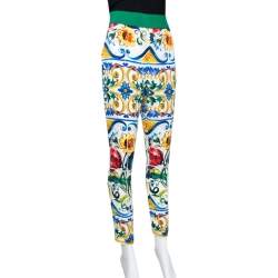 Pre Owned Dolce & Gabbana Majolica Printed Silk Elasticized Waist Skinny Pants L