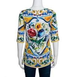 Pre Owned Dolce & Gabbana Multicolor Majolica Print Silk Three Quarter Sleeve Top M