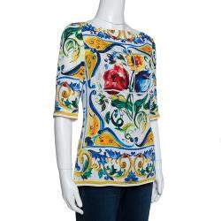 Pre Owned Dolce & Gabbana Multicolor Majolica Print Silk Three Quarter Sleeve Top M