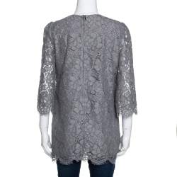 Pre Owned Dolce & Gabbana Grey Floral Corded Lace Three Quarter Sleeve Top M 