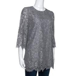 Pre Owned Dolce & Gabbana Grey Floral Corded Lace Three Quarter Sleeve Top M 