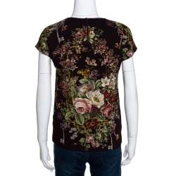 Pre Owned Dolce & Gabbana Brown Crepe Key Print Short Sleeve Top XS