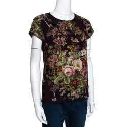 Pre Owned Dolce & Gabbana Brown Crepe Key Print Short Sleeve Top XS