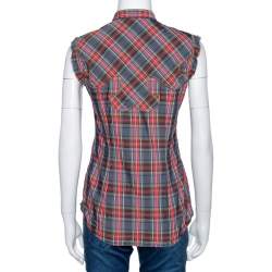 Pre Owned Dolce & Gabbana Grey & Red Plaid Cotton Sleeveless Button Front Shirt S