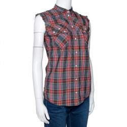 Pre Owned Dolce & Gabbana Grey & Red Plaid Cotton Sleeveless Button Front Shirt S