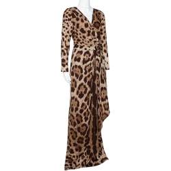 Pre Owned Dolce & Gabbana Brown Animal Print Silk Faux Wrap Dress L