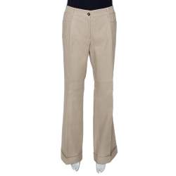 Pre Owned Dolce & Gabbana Beige Cotton Cuffed Hem Flared Pants L