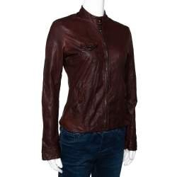Pre Owned Dolce & Gabbana Brown Leather Zip Front Jacket S