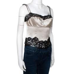 Pre Owned توب دولتشي آند غابانا قميص قصير حريري كريمي ودانتيل مقاس صغير - سمول