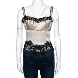 Pre Owned توب دولتشي آند غابانا قميص قصير حريري كريمي ودانتيل مقاس صغير - سمول