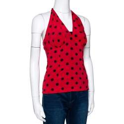 Pre Owned Dolce & Gabbana Red Polka Dot Stretch Silk Halter Neck Top S