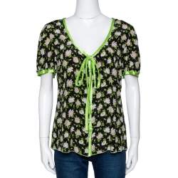 Pre Owned Dolce & Gabbana Black Rose Print Silk Button Front Blouse L