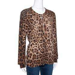 Pre Owned Dolce & Gabbana Brown Leopard Print Cashmere Cardigan L