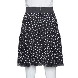 Pre Owned Dolce & Gabbana Black Polka Dot Silk Lace Trim Flared Skirt M