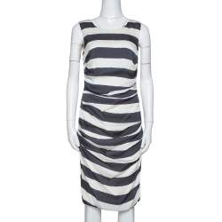 Pre Owned Dolce & Gabbana Monochrome Striped Stretch Silk Ruched Dress L