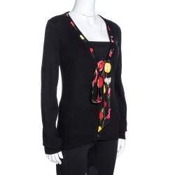 Pre Owned Dolce & Gabbana Black Knit Tulip Print Tie Neck Cardigan L