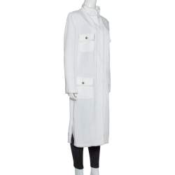 Pre Owned Dolce & Gabbana Ivory Fringed Button Front Mid Length Coat M