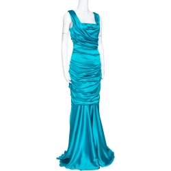 مملوكة مسبقًا Dolce & Gabbana Turquoise Blue Silk Satin Ruched Maxi Dress L 