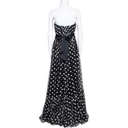 Pre Owned Dolce & Gabbana Black Polka Dot Embroidered Tulle Strapless Gown L