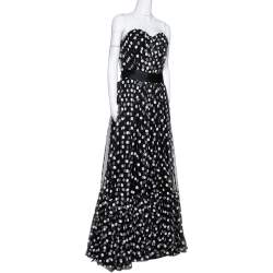Pre Owned Dolce & Gabbana Black Polka Dot Embroidered Tulle Strapless Gown L
