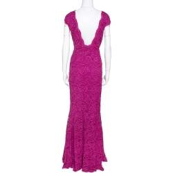 Pre Owned Dolce & Gabbana Magenta Corded Lace Plunge Back Maxi Dress L
