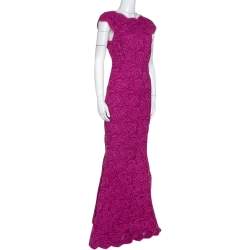 Pre Owned Dolce & Gabbana Magenta Corded Lace Plunge Back Maxi Dress L