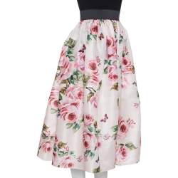 Pre Owned Dolce & Gabbana Pink Rose Print Organdy Silk Midi Skirt M