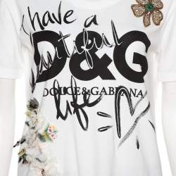 مملوكة مسبقًا Dolce & Gabbana White Cotton 'Beautiful Life' Floral Applique T-Shirt XS