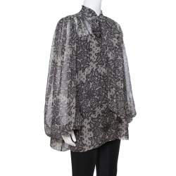 Dolce & Gabbana Grey Paisley Print Silk Bow Tie Blouse M