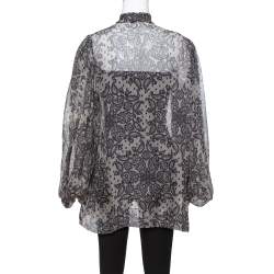 Dolce & Gabbana Grey Paisley Print Silk Bow Tie Blouse M