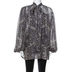 Pre Owned Dolce & Gabbana Grey Paisley Print Silk Bow Tie Blouse M