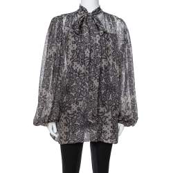 Dolce & Gabbana Grey Paisley Print Silk Bow Tie Blouse M