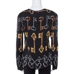 Pre Owned Dolce & Gabbana Black Key Print Silk Long Sleeve Blouse L