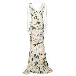 Pre Owned Dolce & Gabbana Cream Floral Print Crepe Ruched Gown M