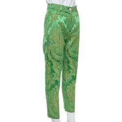 Pre Owned Dolce & Gabbana Bright Green & Gold Jacquard Tapered Trousers XS