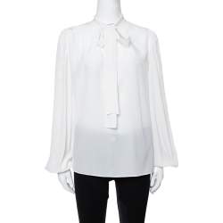 مملوكة مسبقًا Dolce & Gabbana Cream Silk Neck Tie Detail Long Sleeve Blouse S