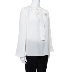 مملوكة مسبقًا Dolce & Gabbana Cream Silk Neck Tie Detail Long Sleeve Blouse S