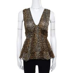 Pre Owned Dolce & Gabbana Brown Animal Print Ruffle Detail Sleeveless Top M