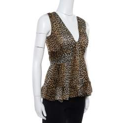 Pre Owned Dolce & Gabbana Brown Animal Print Ruffle Detail Sleeveless Top M