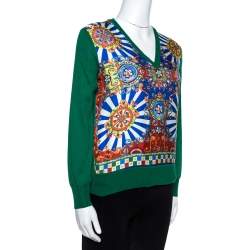 Pre Owned Dolce & Gabbana Green and Multicolor Silk Carretto Siciliano Print Jumper S